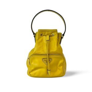 Prada Duet Drawstring Bucket Leather Yellow Leather Handbag